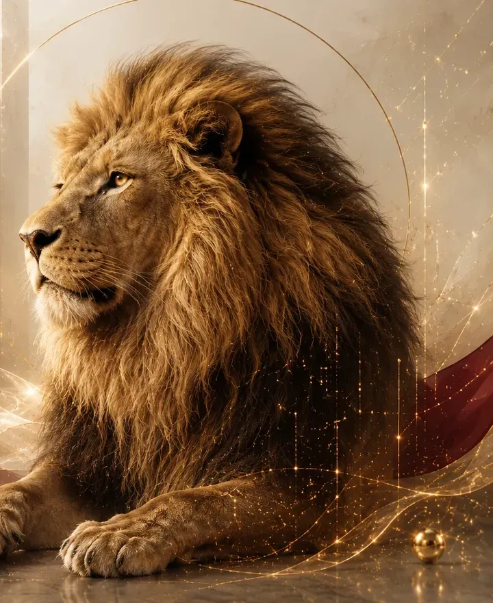 A calm regal lion in warm architectural light, representing guardianship and protection.